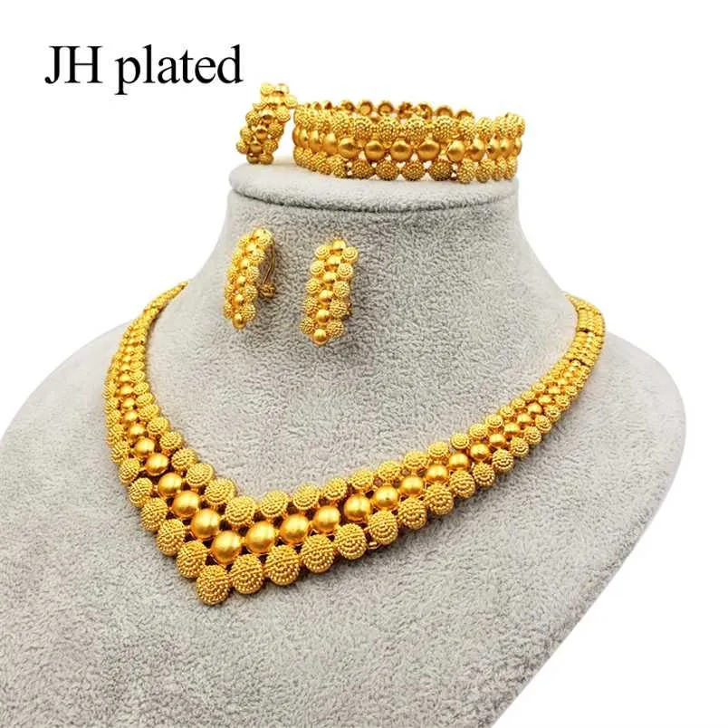 Nigéria Dubai Gold Color Jewelry Conjuntos Africano Nupcial Presentes De Casamento Festa Para Mulheres Bracelete Brincos Brincos Anel Set Collares 220105