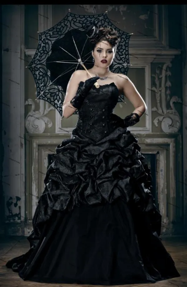 Robes de mariée gothiques noires vintage, plus la taille chérie à lacets corset à lacets victorien vampires punk mal reines robe de mariée242a