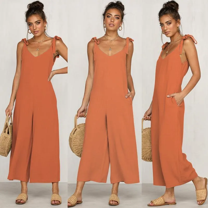 Kvinnors Jumpsuits Rompers Summer Jumpsuit Bomull Linen Högkvalitativ Loose Casual Overaller Strap Solid One Piece Romper