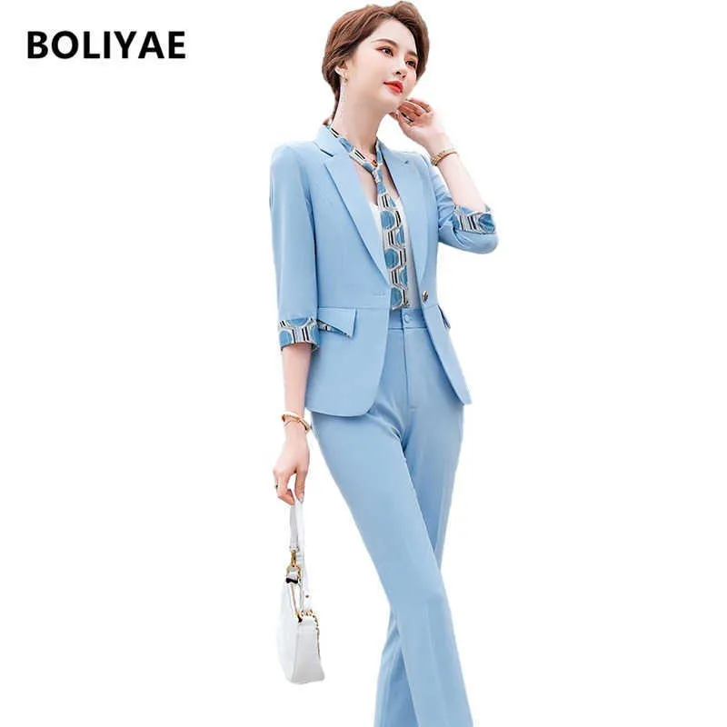 Boliyae sommar mode temperament smal kostymer kvinnor affärer formell halv ärm blazer och byxor kontor damer arbete bär 210927