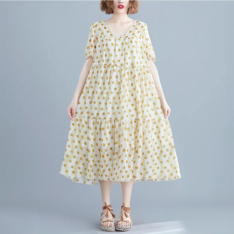 Johnature Sommer Koreanische Retro Mode Dot Floral Print V-ausschnitt Kurzarm Kleider Einfache Lose Bequeme Frauen Kleid 210521