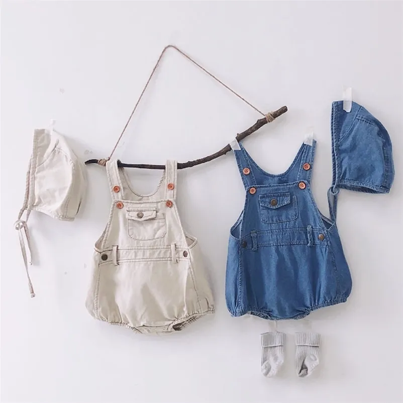 Jongens Jumpsuits Pocket Baby Kleding Zuigeling Meisjes Bodysuits Mouwloze Rompertjes 210521