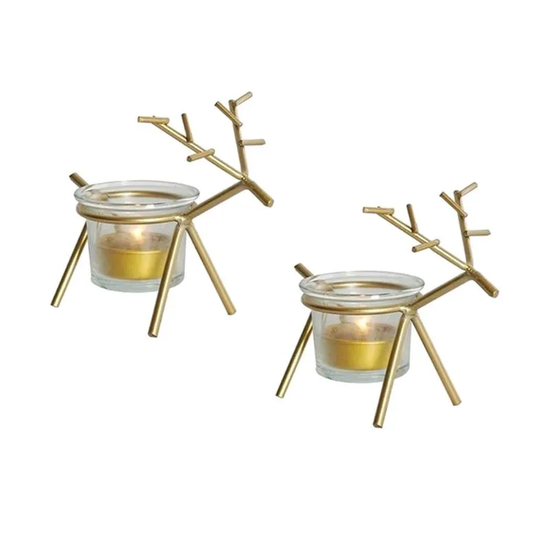Portacandele 2 pezzi Portacandele con renna Candeliere in ferro artistico e supporto da tavolo natalizio con tazza trasparente (dorato)
