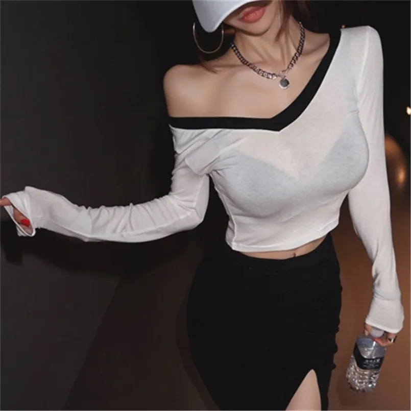 Summer T Shirt Women Elasticity T-Shirt Woman Clothes Tops Slim Tshirt Female Long Sleeve Crop Top white Sexy Canale 210423