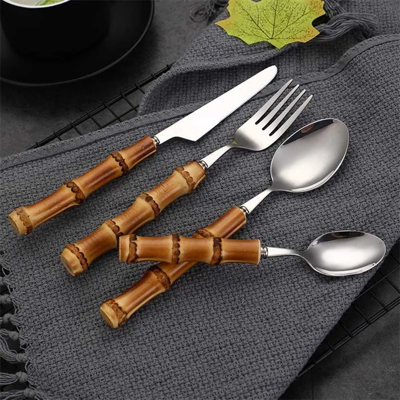 24 Pcs 16 Pcs Ensembles De Vaisselle Original Nature Bambou Poignée En Acier Inoxydable Haut De Gamme Couverts Fourchette Cuillère Maison Cuisine Vaisselle 211108