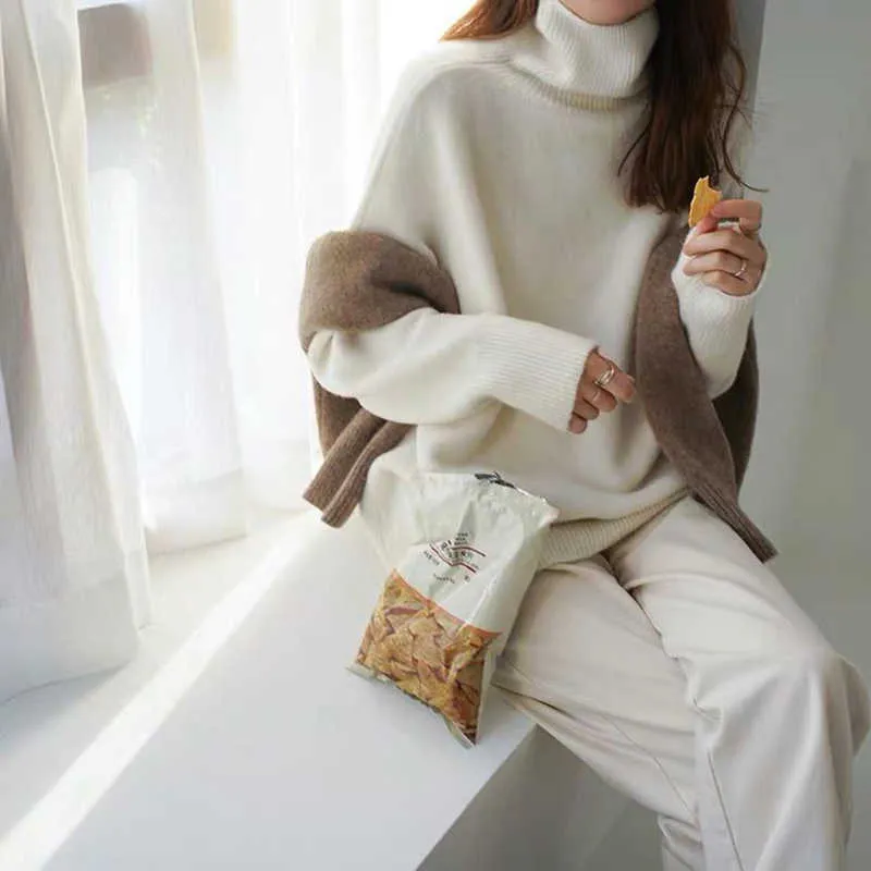 Turtleneck Kvinnor Vinter Stickad tröja Koreansk stil Lös Varm Cashmere Pullover Ladies Oversized Sweater Casual Outwear 2021 Y0825