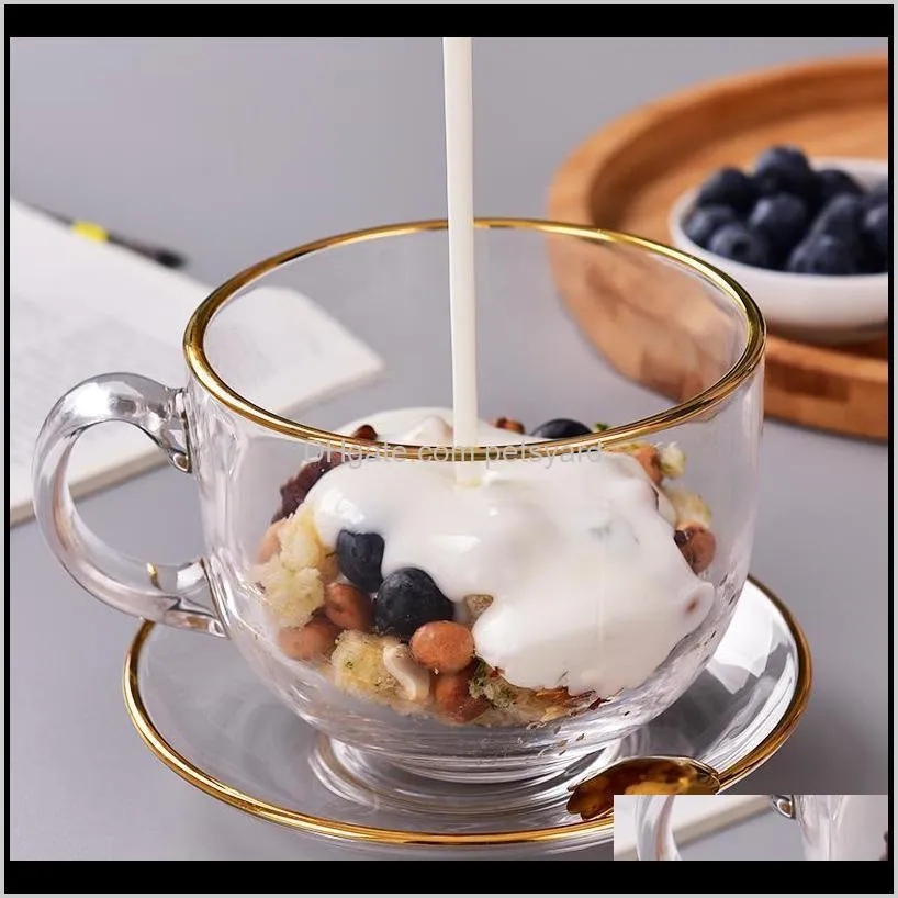 transparent gold rim glass breakfast cup, household oatmeal large-capacity milk drinking cup with handle and spoon wine glasses