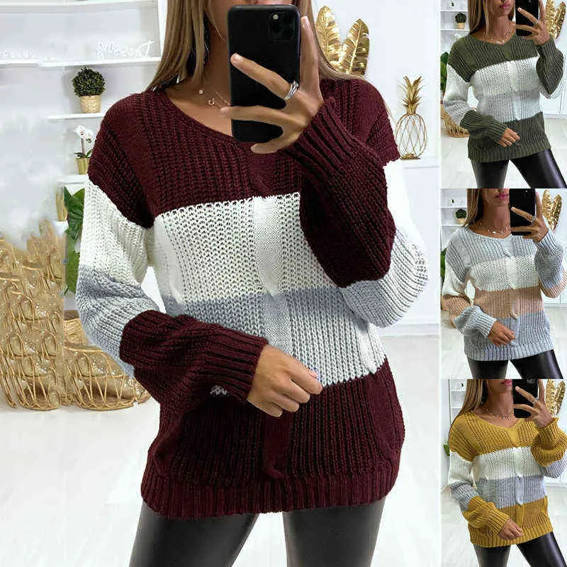 Kobiety Moda Jesień Winter Sweter V-Dekolt Solid Loose Regular Długim Rękawem Swetry Casual Furry Pullover Y1110