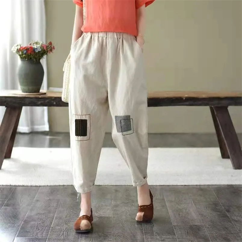 Spring/autumn Arts Style Women Loose Casual Elastic Waist Ankle-length Pants Cotton Linen Patchwork Harem W19 210512