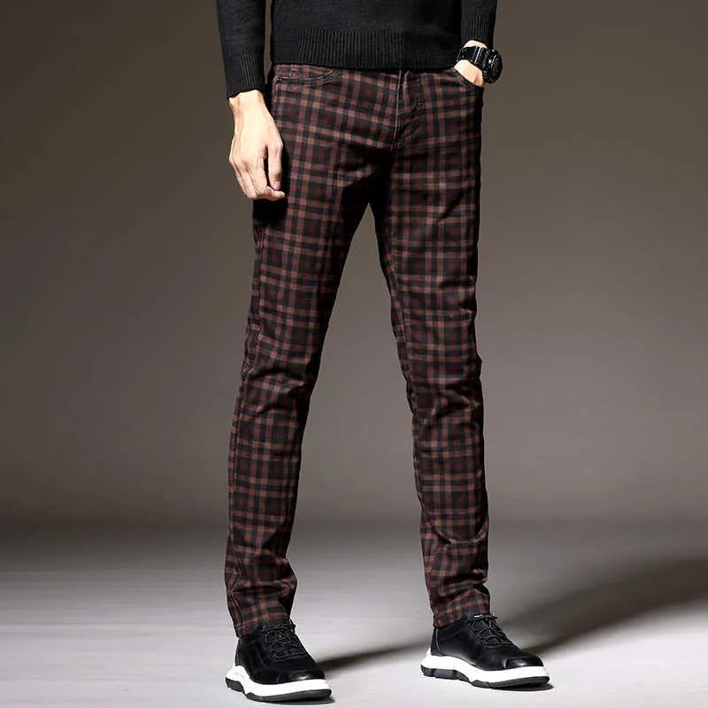 Men's Plaid Pants Dress Classic Formal Slim Fit Casual Autumn Cotton Stretch Black Work Office Youth Fashion Trousers Male 210702