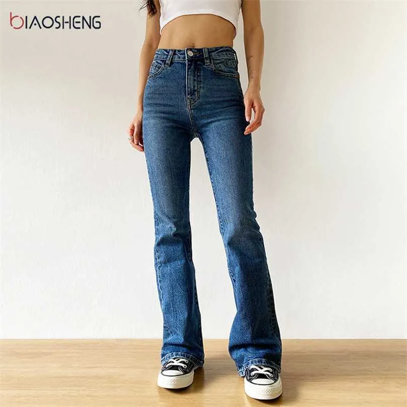 BiaoSheng Flared Jeans Woman High Waist Denim Trousers For Female Blue Elastic Skinny Fashion Classic Oversize Wide Leg Pants 211112