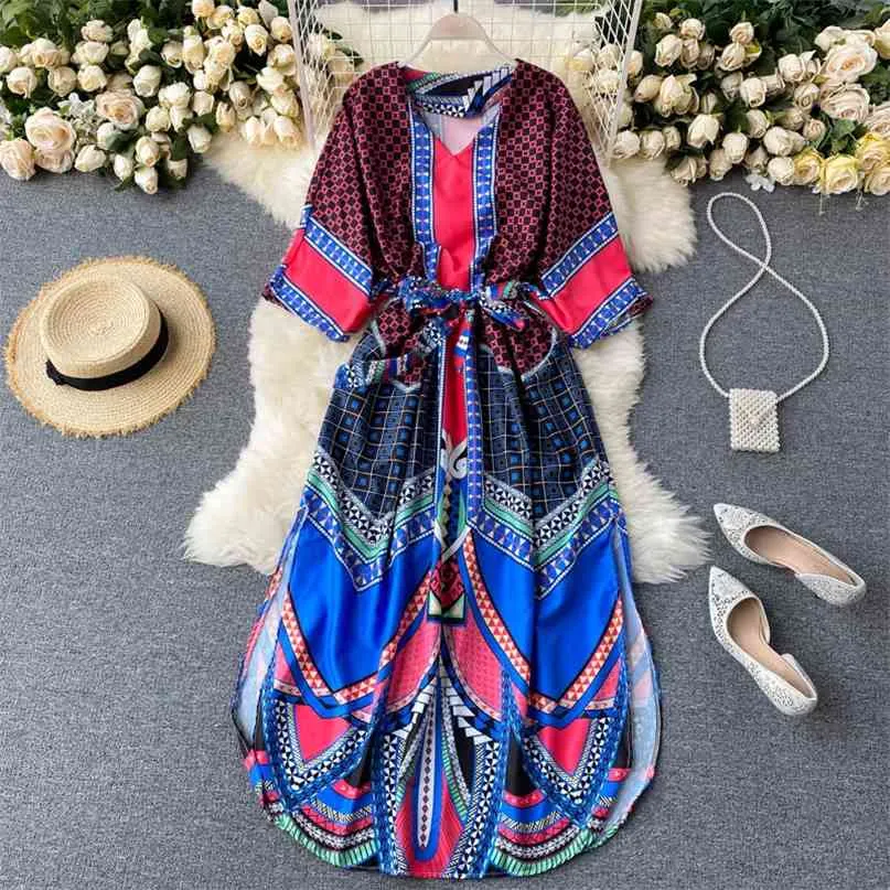 Lady Fashion Printed Bat Sleeve Loose Split Dress Women Vestidos Korean Clothing Largos De Verano Para Mujer P120 210527