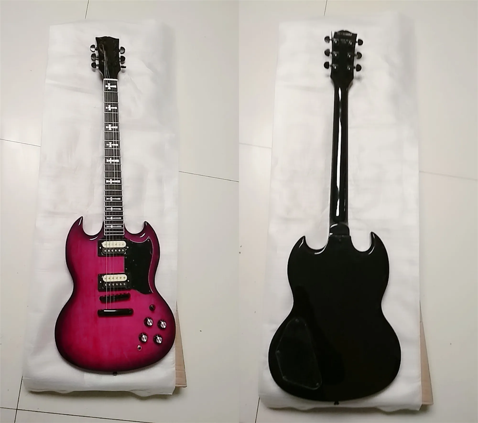 Transparent Purple Electric Guitar with Ebony Fretboard and Cross Inlays Angus Young Model High Quality Guitarra