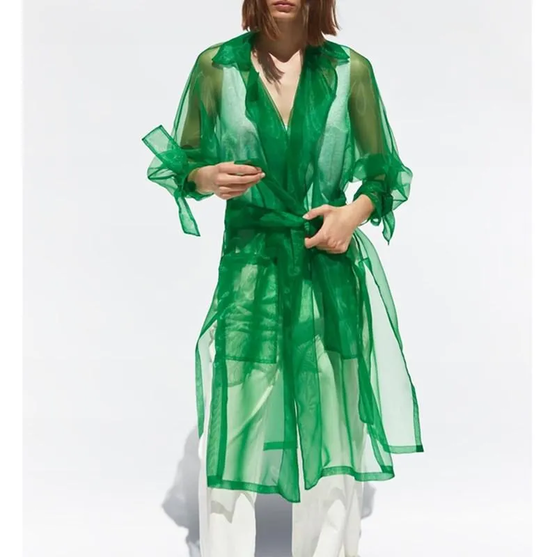 女性のトレンチコートシックな女性グリーンオーガンザコート2021秋の女性ロングスタイル透明夏の日焼け止め