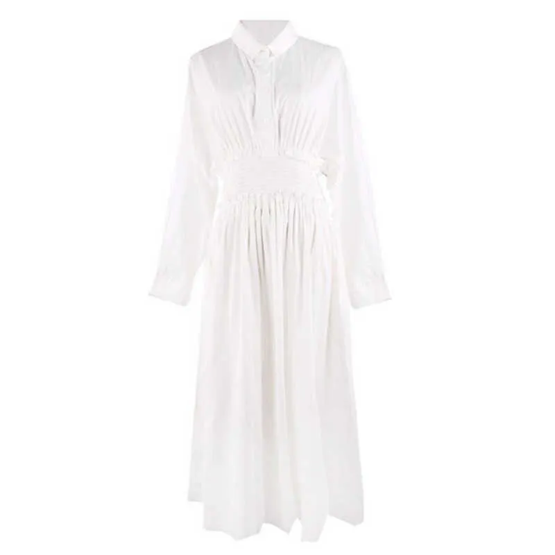 Возможно, у белый твердый поворот вниз воротника рубашки платье с длинным рукавом полное рукав MIDI платье осень D0610 210529