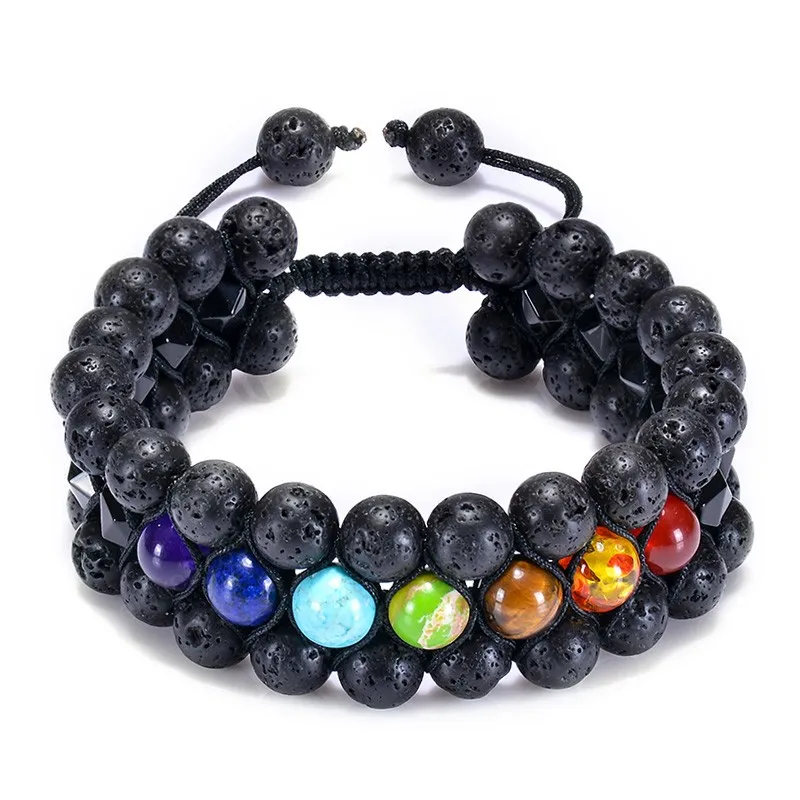 7 Chakra Strands Bracelet Naturel Lave Rock Pierre Perles Bracelets Trois couches Diffuseur D'huile Bracelet Femmes Hommes Yoga Bijoux Cadeau