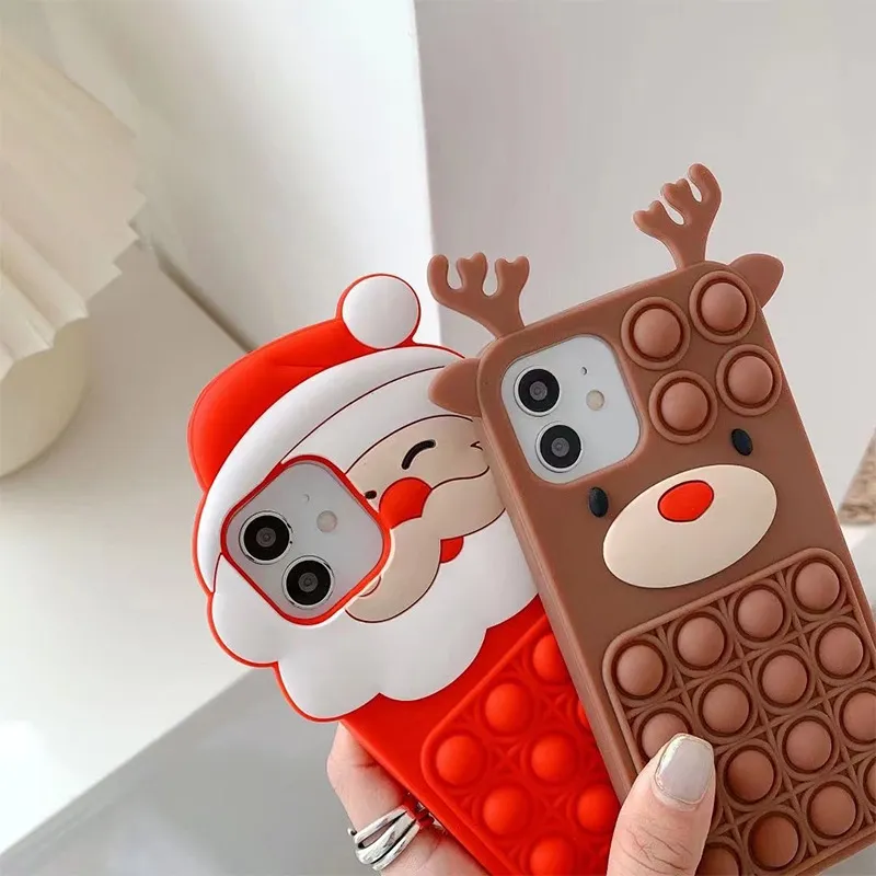 Pop It Push Bubble Silikonowe skrzynki Pokrywa dla iPhone 13 12 Prox 11 XR 78 Plus Fidget Reliver Stress Boże Narodzenie Santa Claus Deer 150 sztuk / partia