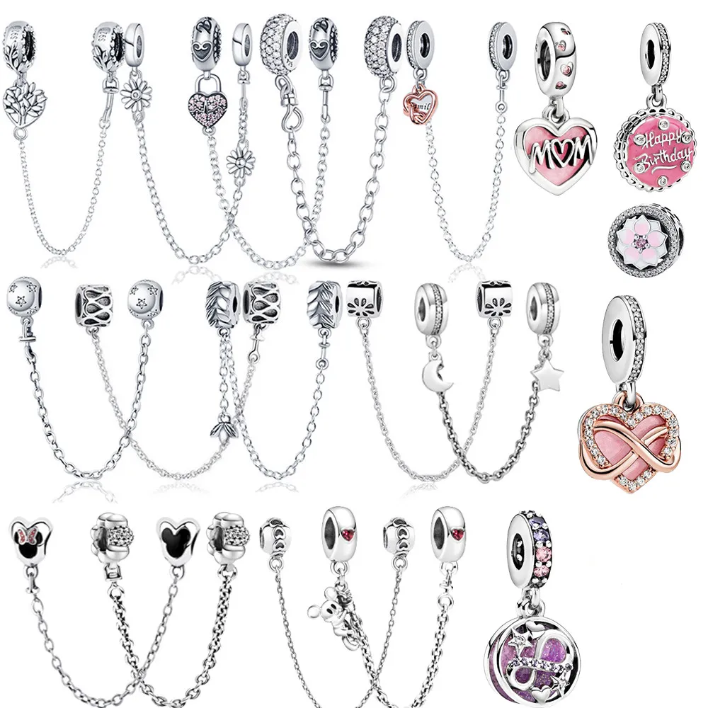 Perline pendenti con catena di sicurezza in zircone in argento sterling 925 adatte per gioielli di lusso da donna fai-da-te con bracciale Pandora