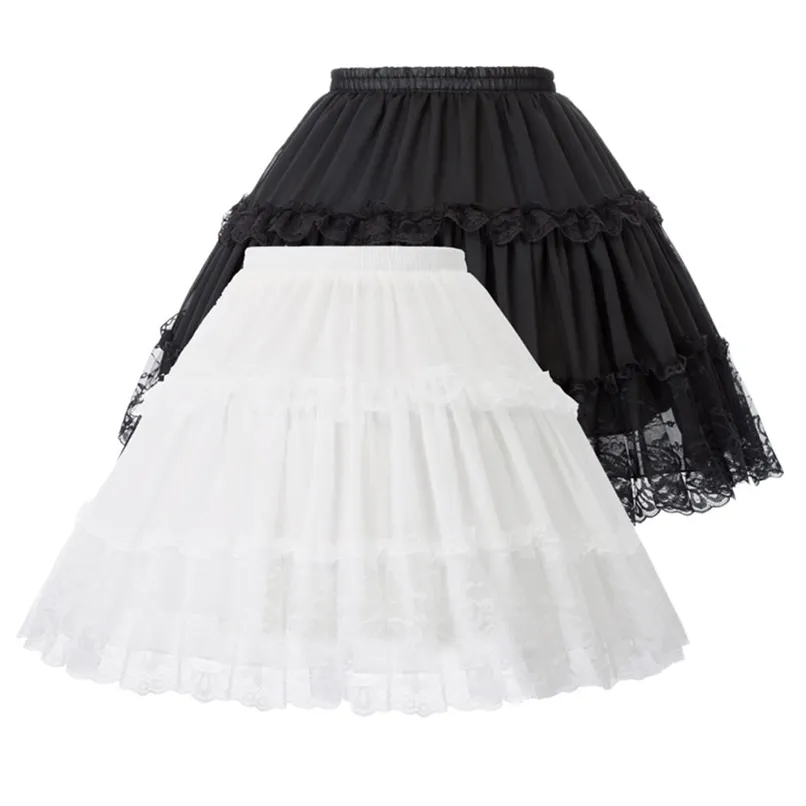 Femininas Lolita Shays Crinoline Petticoat Party Party Party Underskirt Cintura Elástica Vintage 2-Loop Ruffles Balanço Preto Gothic Skirt 210619