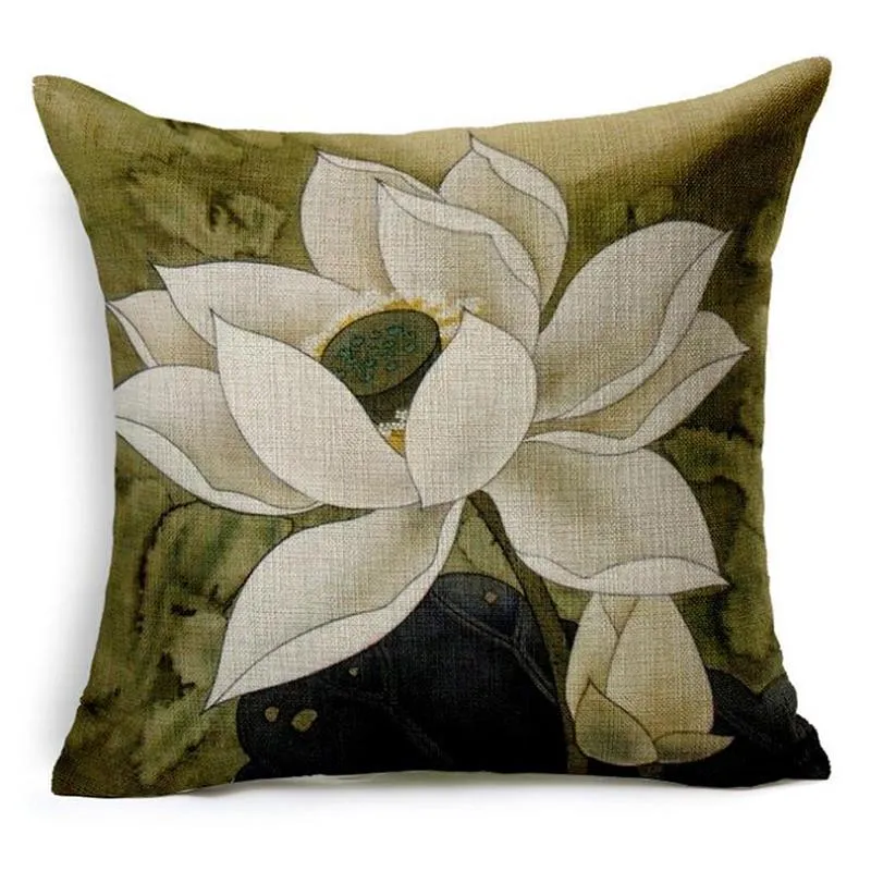 Yastık/Dekoratif Yastık Vintage Stil Atma Yastıklar Lotus Çiçek Pamuk Keten Koltuk Retro Yastık Kapağı Kanepe Ev Dekor