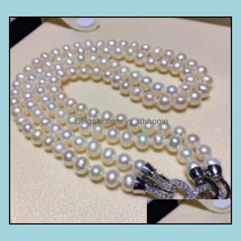 8-9mm Double Layer Natural White Pearl Necklace 18inch 925 Sliver Clasp Women`s Gift Jewelry