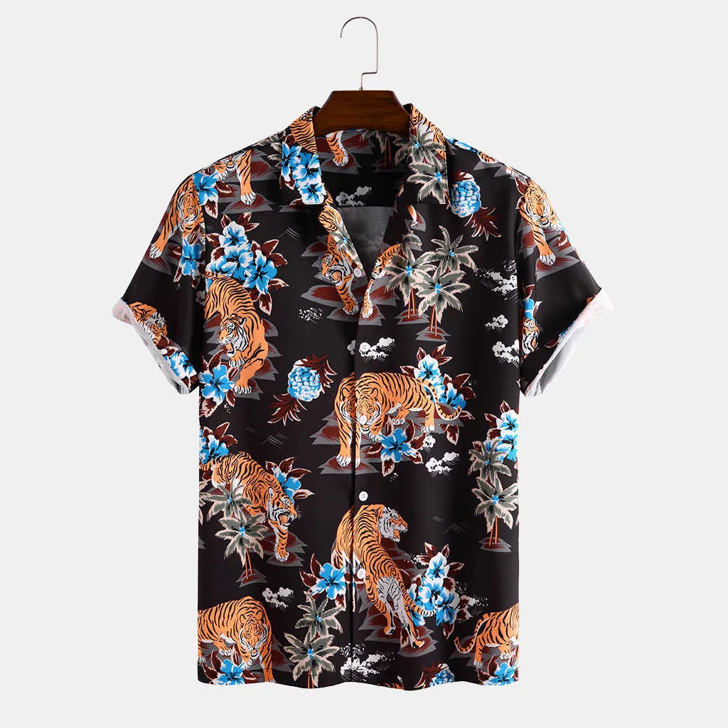 Mens Hawaiian Flower Tiger Printed Shirt Fashion Top Designer Men Casual Breathable Short Sleeve Shirts 210527