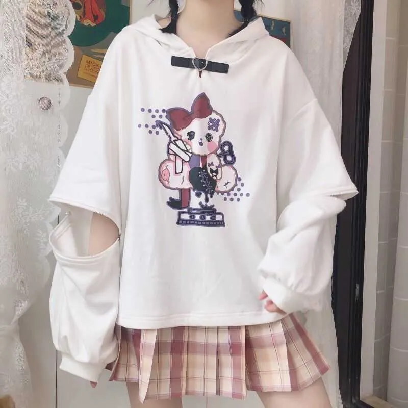 여성의 후드 봄 가을 일본어 부드러운 소녀 깨진 곰 인쇄 이동식 두 착용 후드 느슨한 만화 스웨터 210526
