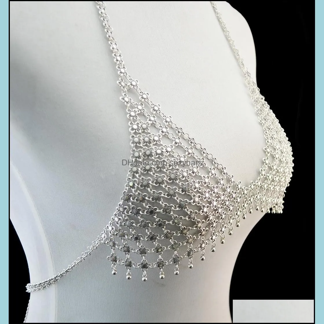 Jewelry retro exaggerated Nipple Rings metal punk style chest chain natural hollow handmade bra body chain