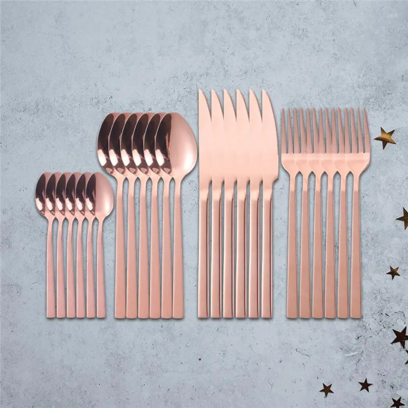 Set di stoviglie Set di posate da cucina in oro rosa Set di posate a luce brillante Sala da pranzo in acciaio inossidabile Cucchiai Forchette Stoviglie da 24 pezzi