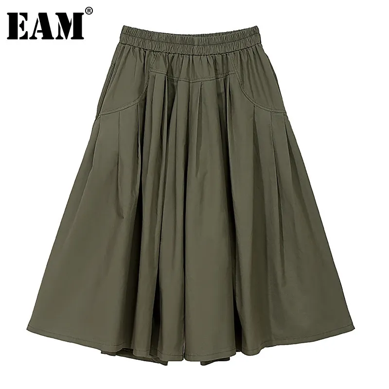 [EAM] Yüksek Elastik Bel Cepler Pileli Uzun Geniş Bacak Pantolon Gevşek Pantolon Kadın Moda İlkbahar Sonbahar 1DD7208 21512