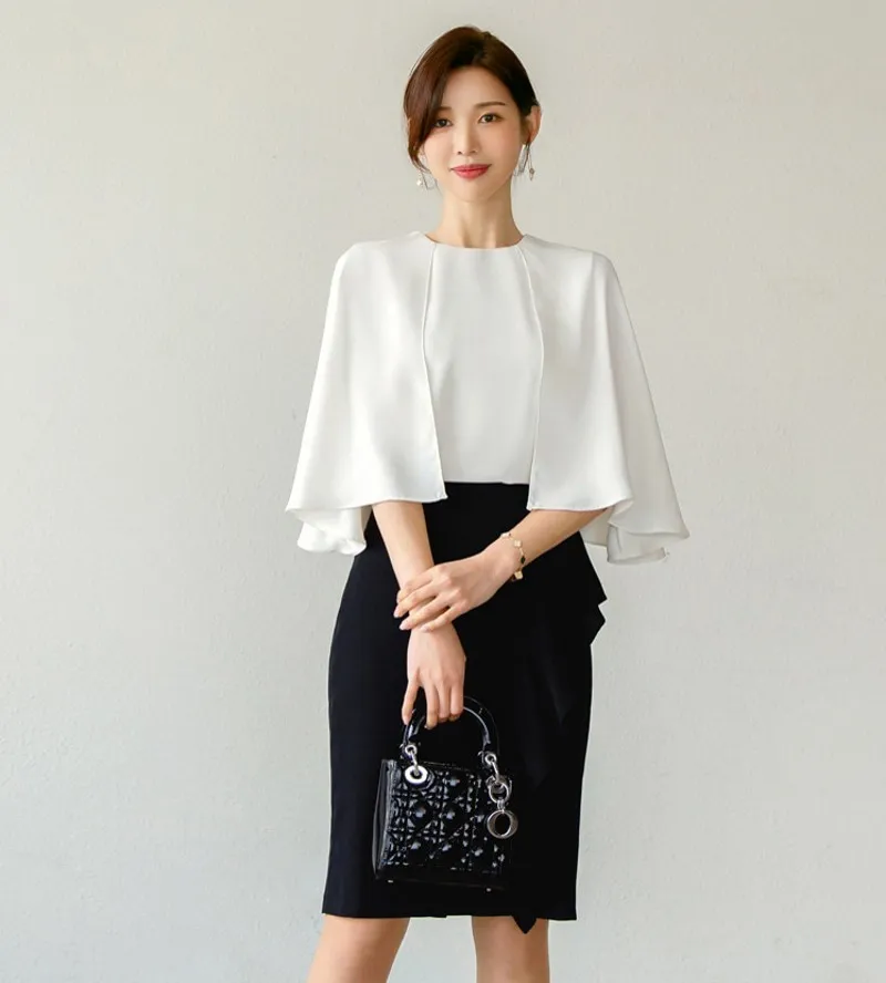 Elegant Two Piece Set Runway Women Summer White Mantle Half Sleeve O Neck Shirt Top + Black Ruffles Sheath Skirt set OL Suit 210514