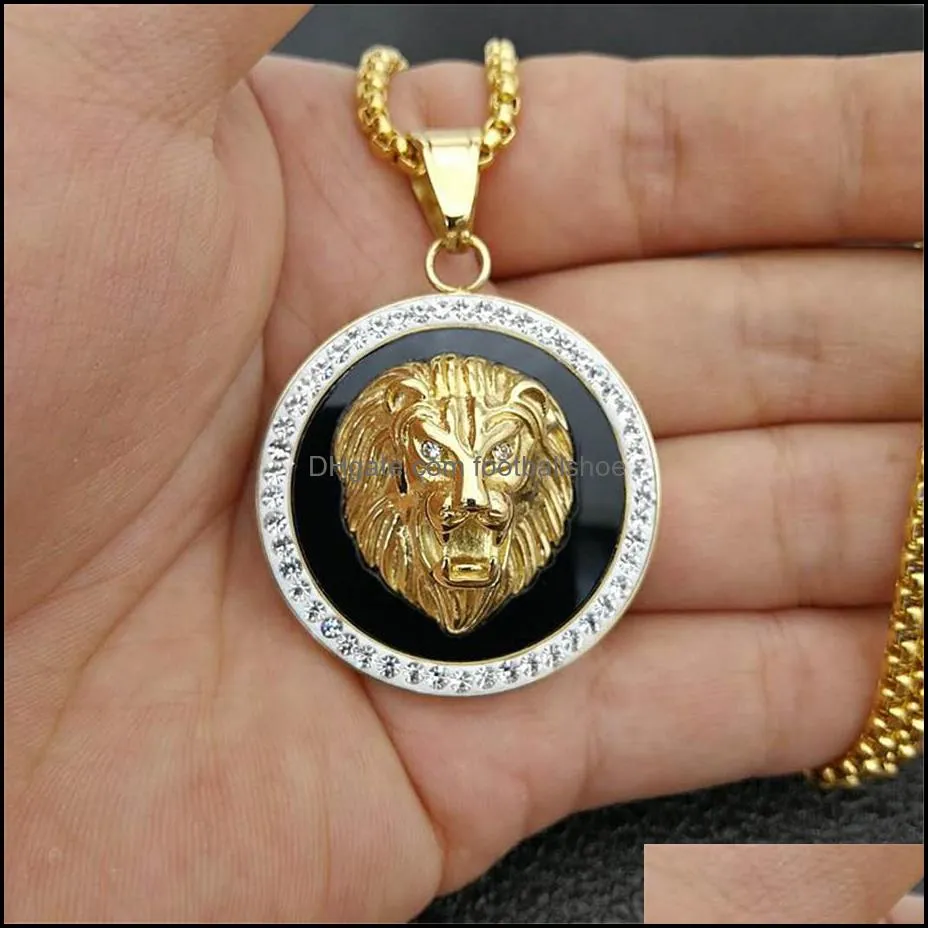 Wisiorek Naszyjniki Wisiorki Biżuteria Hip Hop Charm Landed Out Bling Golden Lion Head Męski Złoty Kolor Ze Stali Nierdzewnej Łańcucha Rock Prezent Dla Mężczyzn Y