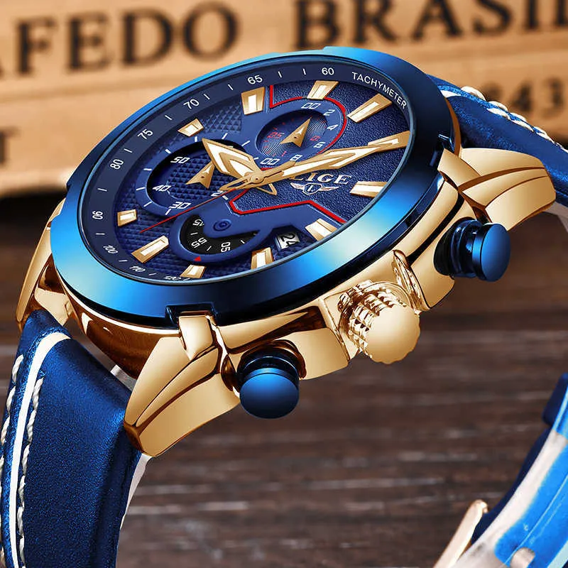 Moda Blue Men Watch Lige Top Luksusowy Marka Zegarek Wrist Man Casual Skórzany Wodoodporny Sport Kwarcowy Zegar Relogio Masculino 210527