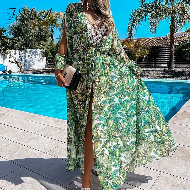 FSDA 2021 Green Boho Beach Drowomen Sexy Floral Print Bandaż V Neck Party Długi Rękaw Summer Casual Maxi Dresses X0621