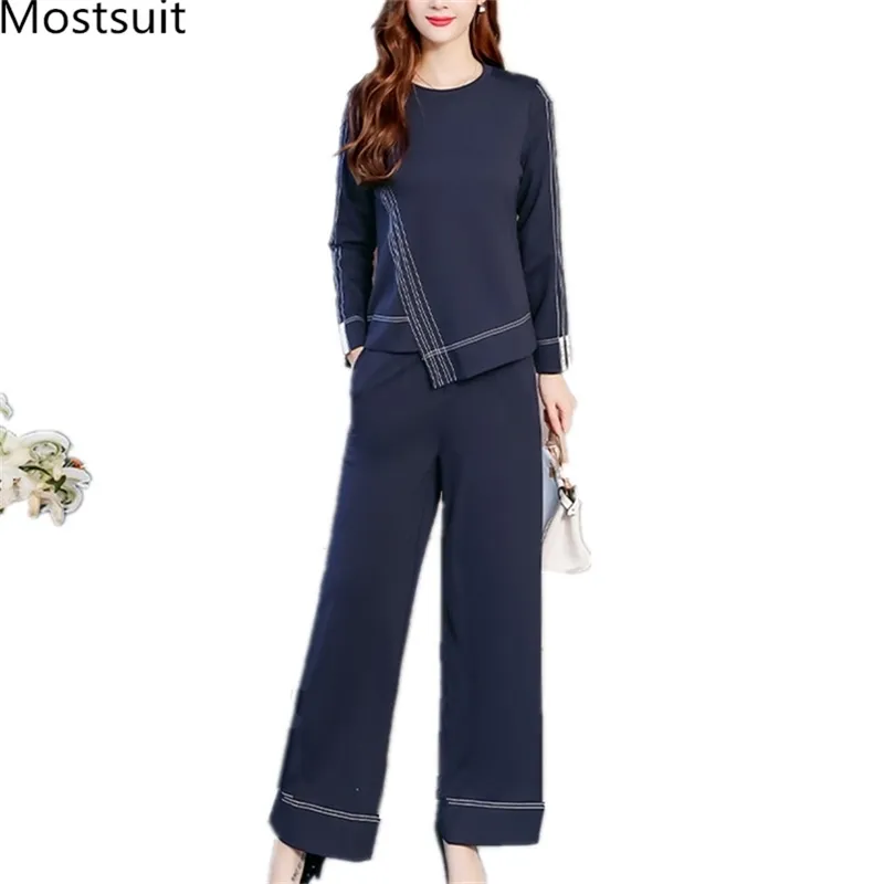 Autunno blu a due pezzi Completi da donna Plus Size manica lunga Top e pantaloni Tute da ufficio Elegante coreano 2 210513