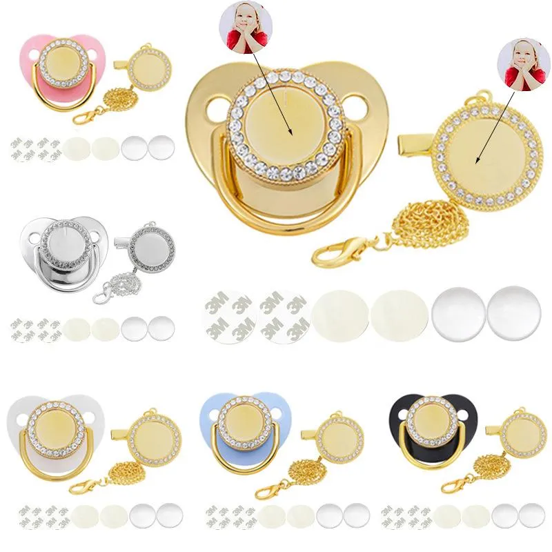 Sätter Baby Pacifier och clips Anpassade Personliga Blank Golden Bling Silikon Infant Nipple Sublimation Dummy Born Pacifiers #