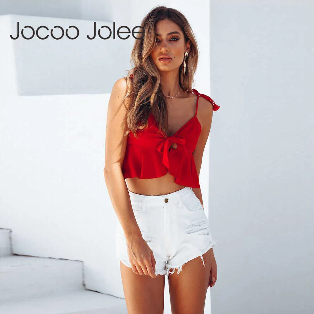 Jocoo Jolee Basic Deep V-Neck Donne Camis Hollow Out Donne Manica Corta Top Basic Tops Casual Style Style Style Arrival 210619