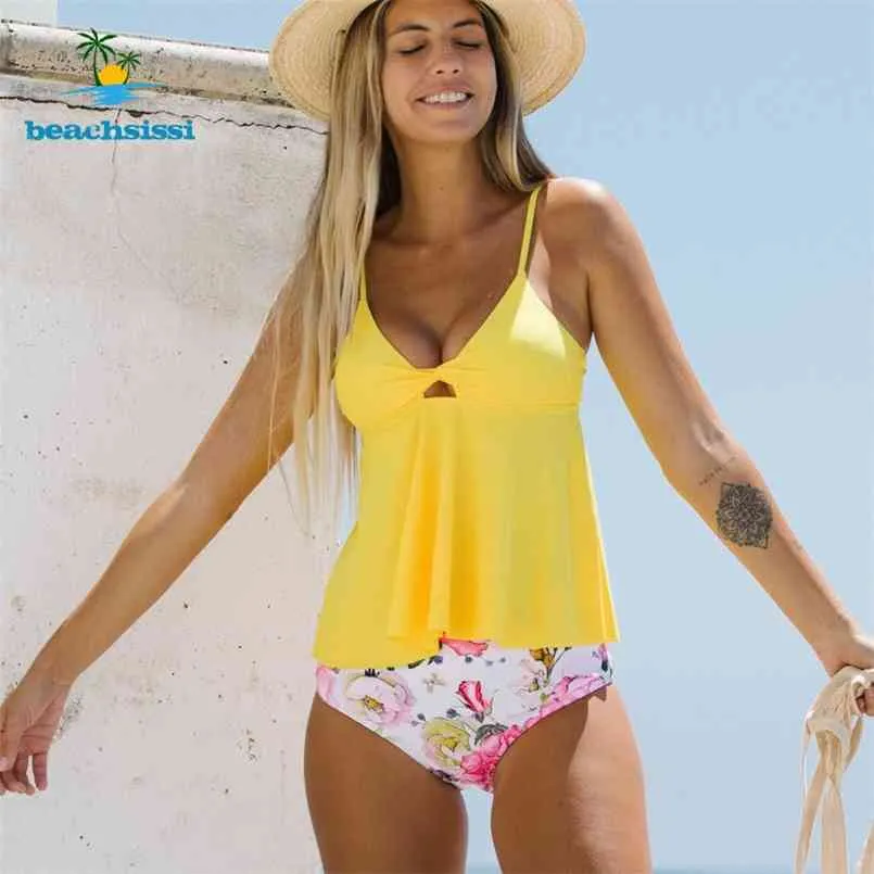 Beachsissi 3 färger sommar twist front blomma tryck tankini set kvinnor högt midja mode baddräkt beachwear badande bikinis 210722