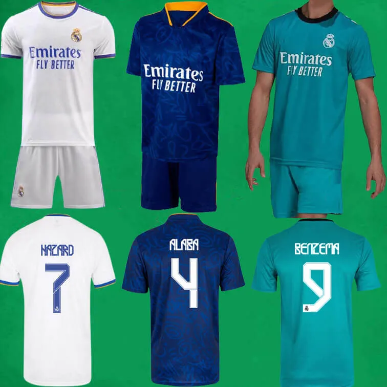 21 22 Real Madrid Futebol Jerseys Curta casa Away Terceiro Kits 2021 2022 Alaba Hazard Zidane Benzema Camisa de Futebol Calças Camiseta de Futbol Homens Crianças Conjuntos