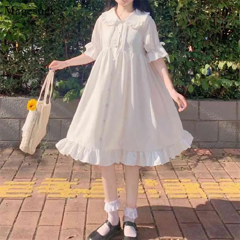 Japoński słodki biały Lolita Dress Summer Peter Pan Collar Loose Kawaii Kobiety Flare Sleeve SHIFFON ES Vestidos 13647 210512