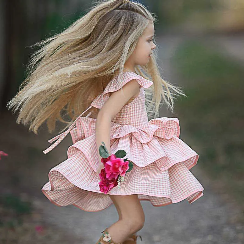 Девочки летом принцессы платье 2019 новая милая клетчатая клетчатая рукава королевские платья девочек торт Pettiskirt детей розовые пачты вечеринка платье Q0716