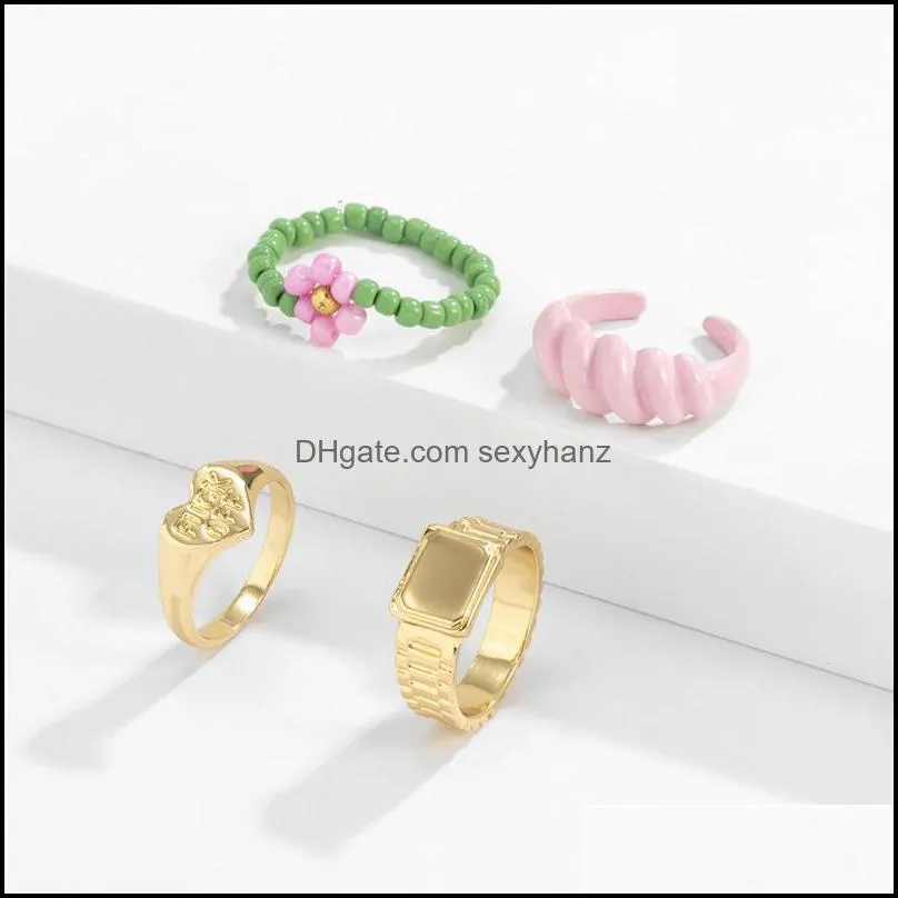 European Vacation Heart Flower Opening Ring Square Alloy Daisy Twisted Beaded Rings Women Beach Party Gift Letter Finger Jewelry Sets