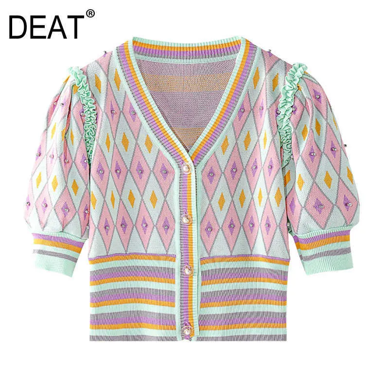[DEAT] Moda Lato V-Neck Lattice Frezowanie Krótki Rękaw Single-Biersed Knitting Women T-shirt 13Q317 210527