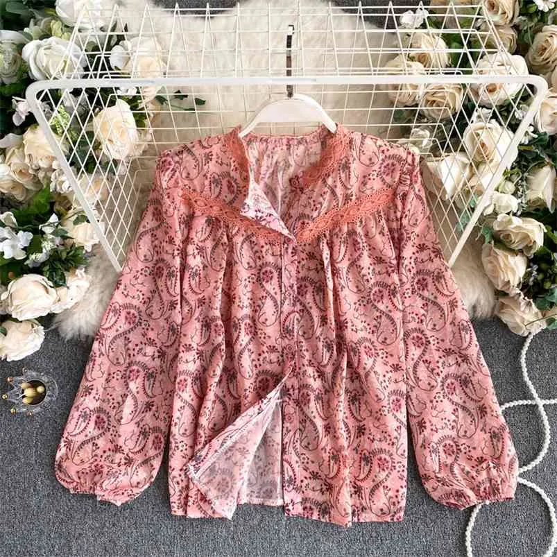 Floral Chiffon Blouse Kvinnor Snörning Sida Rund Neck Foreign Style Bubble Sleeve Loose Shirt Bottoming UK146 210507