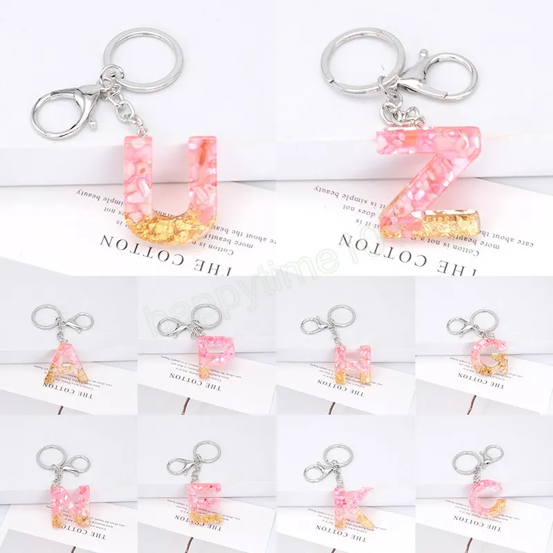 Alfabeto cor-de-rosa Keychain Português Carta Chave Anel Glitter Gradiente Resina Folha De Ouro Artesanato Espelho De Carro Bolsa Charms Presente Acessórios