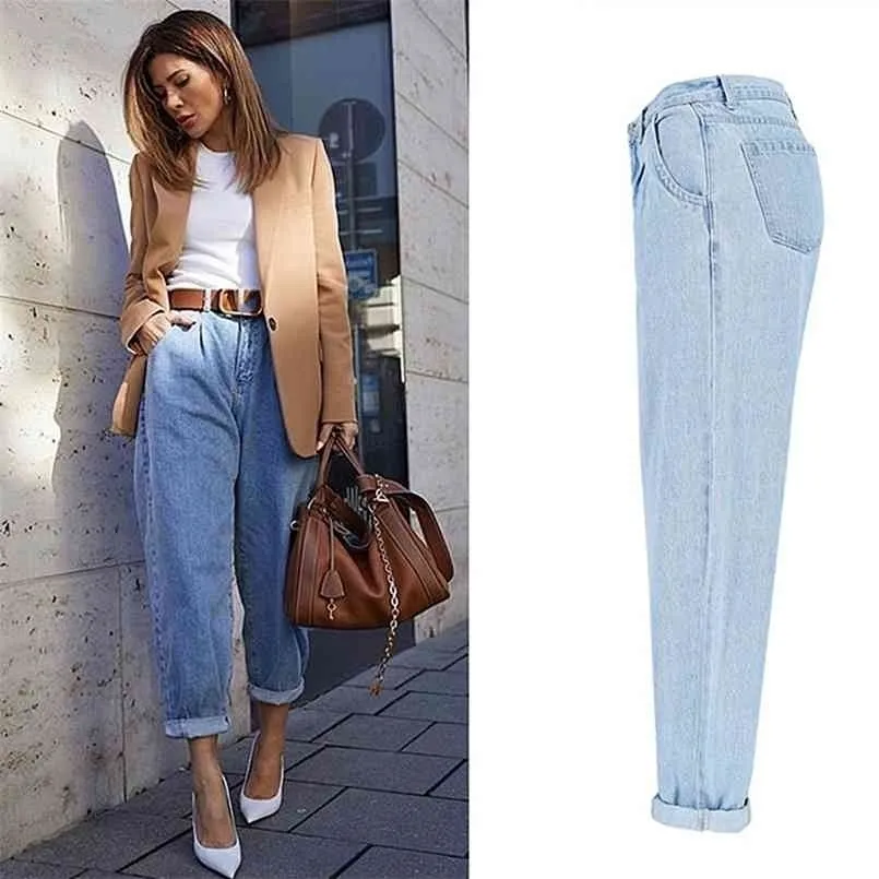 Primavera outono moda algodão jean jean jean azul cintura azul retro harem lavado escritório senhora casual fêmea k344 210809