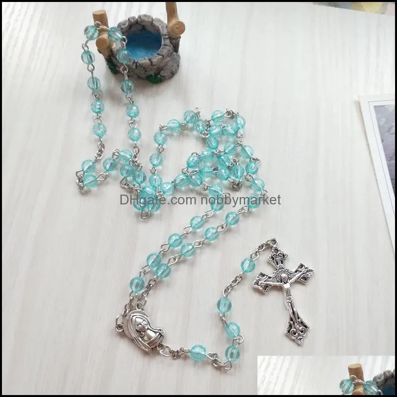 Transparent Blue Acrylic Women Rosary Necklace Long Cross Pendant Religious Jewelry