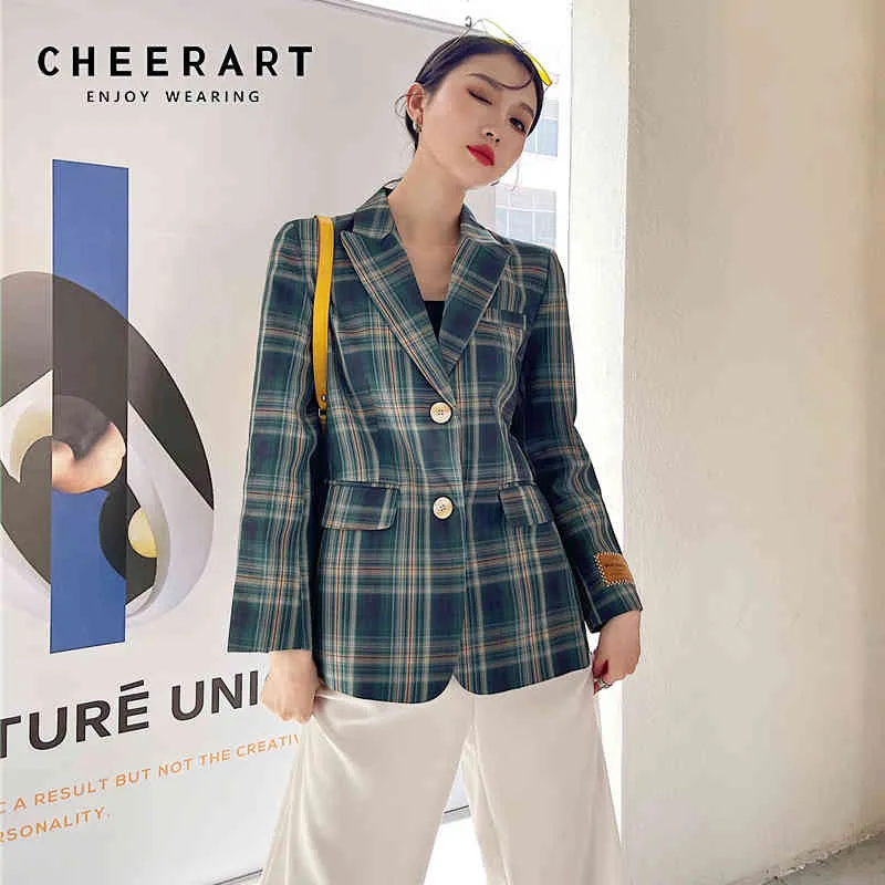 British Style Plaid Green Blazer Women Fashion Jacket Patch Ladies