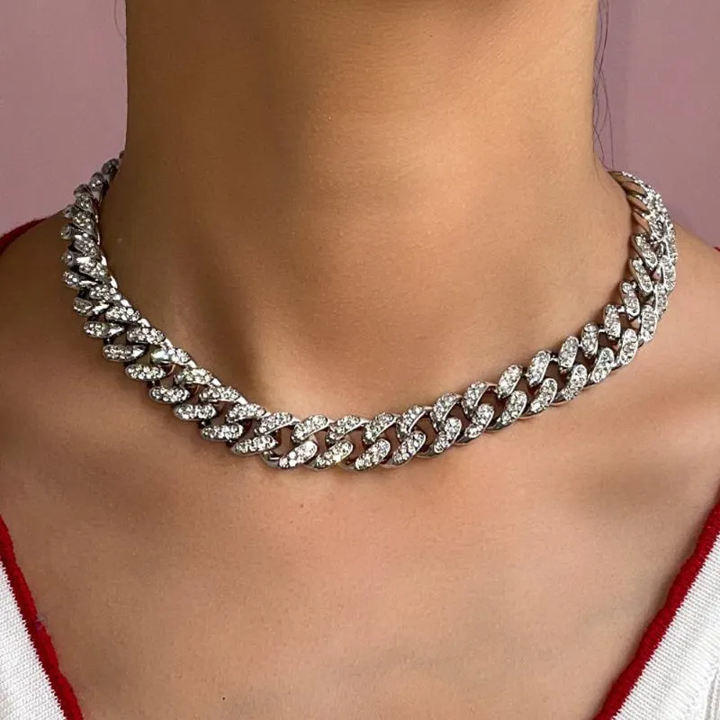 체인 펑크 크리스탈 버클 마이애미 두꺼운 쿠바 초커 목걸이 여성을위한 목걸이 가득 차있는 모조 다이아몬드 chunky 금속 목걸이