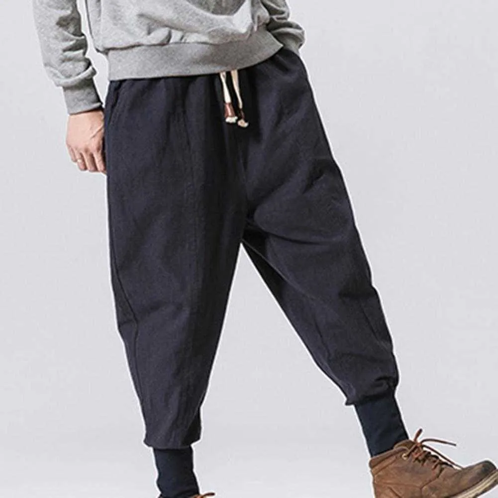 Casual Pants Sporty Men Solid Color Ankle Tied Drawstring Pockets Drop Crotch Hip Hop Pants X0723